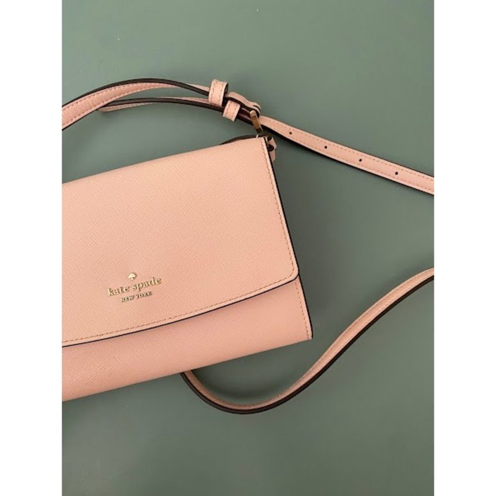Kate Spade Pink Saffiano Leather Crossbody Wallet Bag Clutch Gold Logo - Picture 4 of 11